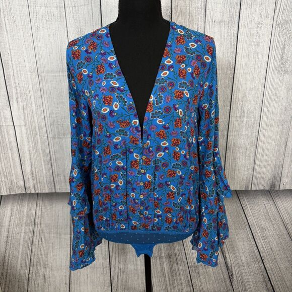Free People Women's XSmall Blue She's Dainty Long Blouson Sleeve Bodysuit Boho - Picture 1 of 8
